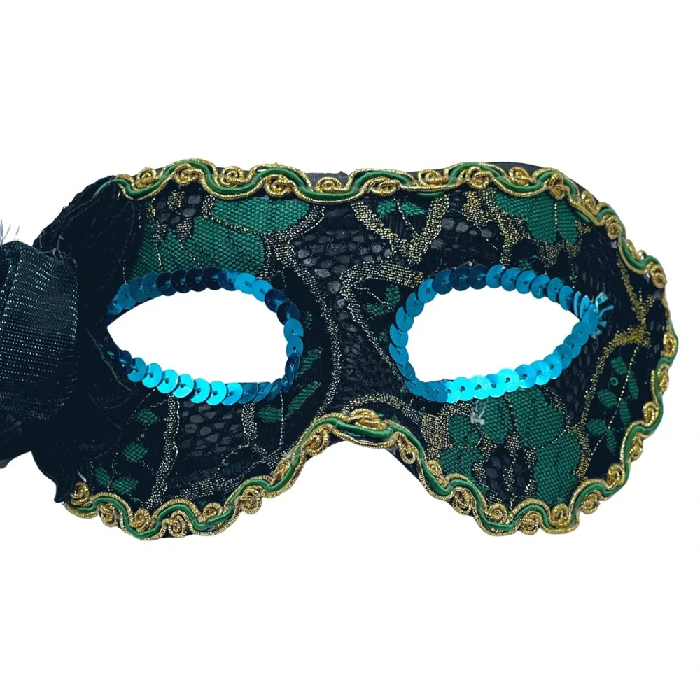 🎭TEAL/BLACK MASQUERADE HALLOWEEN MASK WITH SEQUINS, LACE, FABRIC ROSE & FEATHER - Picture 1 of 6